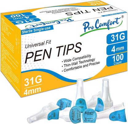 Gluco-Care Pro Comfort Pen Tips 31G 4mm 100 Count front box view for diabetes care.
