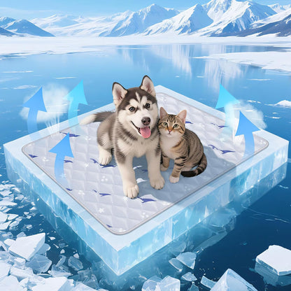 Velvopet dog cooling mat front view showing light blue quilted pattern on a tile floor