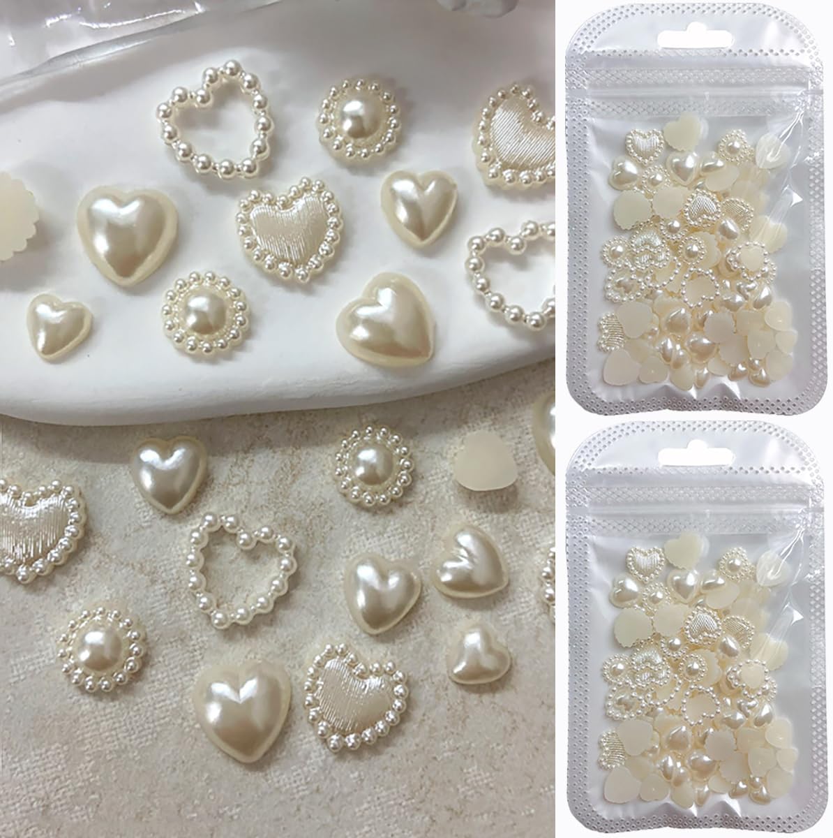 Rudra Retails 200 Pieces Creamy White Heart Pearl Nail Art Charms front view