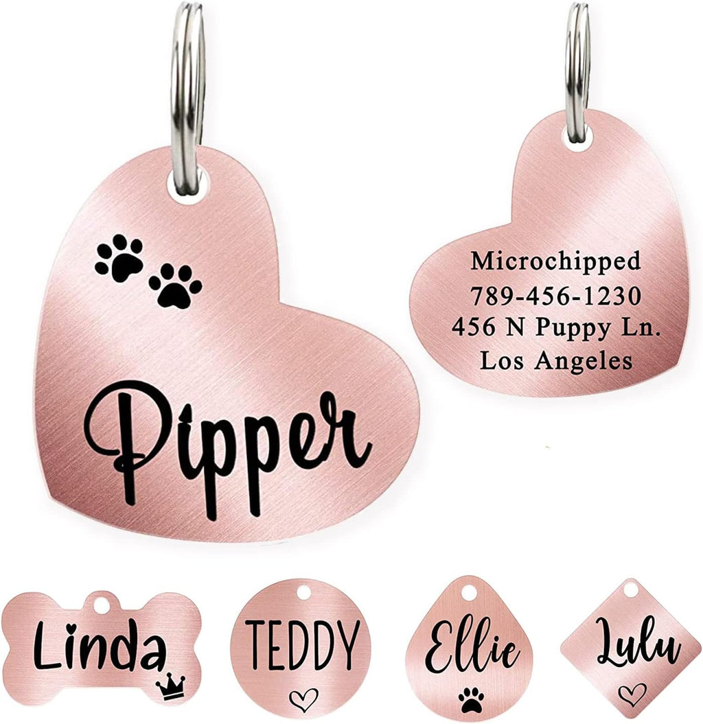 Ultra Joys Custom Dog ID Tag front view showing engraved pet name on rose gold heart