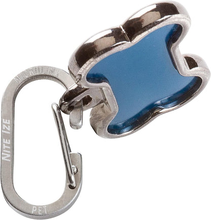 Nite Ize micro pet tag connector attached to a dog collar D-ring with identification tags