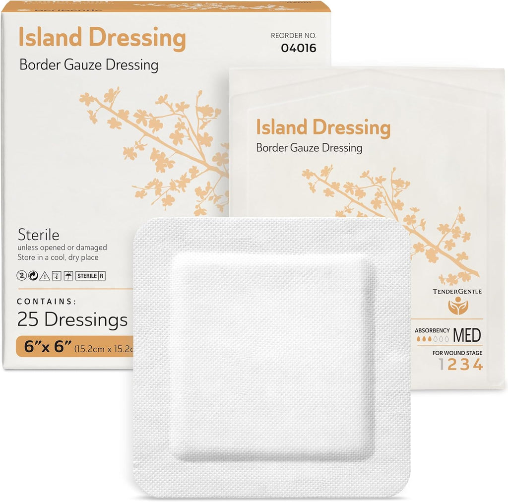 TenderGentle Bordered Gauze Island Dressing front view packaging showing twenty five sterile medical bandages.