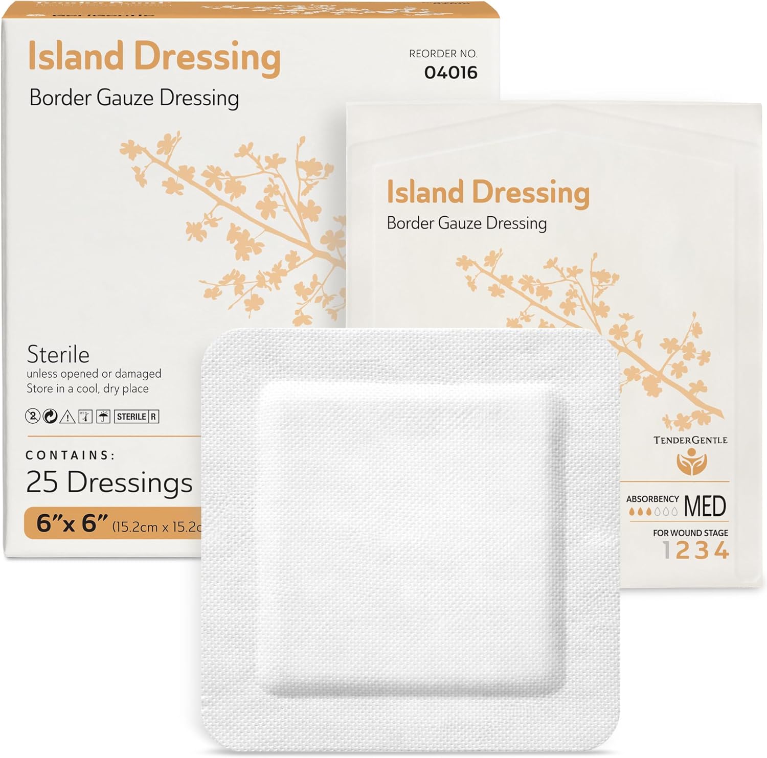 TenderGentle Bordered Gauze Island Dressing front view packaging showing twenty five sterile medical bandages.