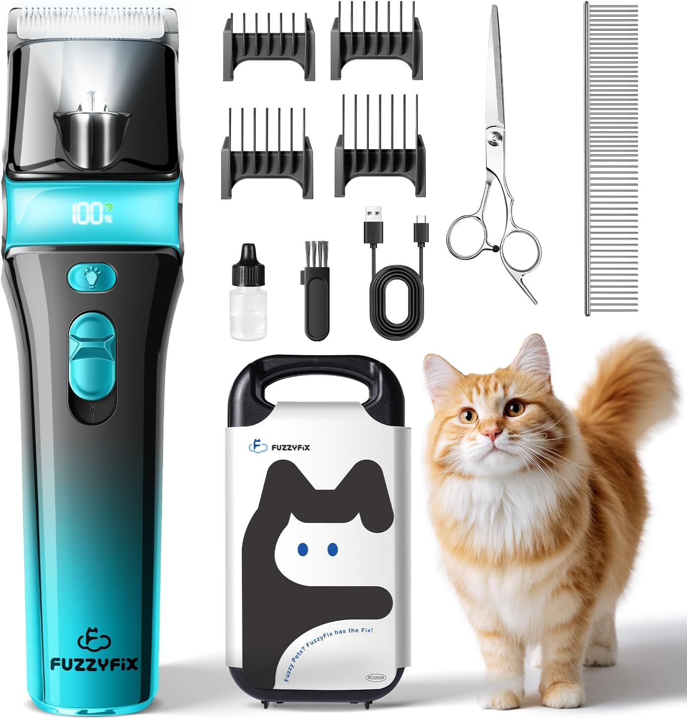 FuzzyFix pet grooming kit including hard storage box and cleaning oil