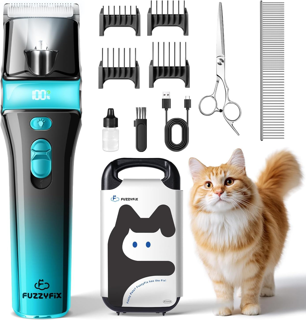 FuzzyFix pet grooming kit including hard storage box and cleaning oil