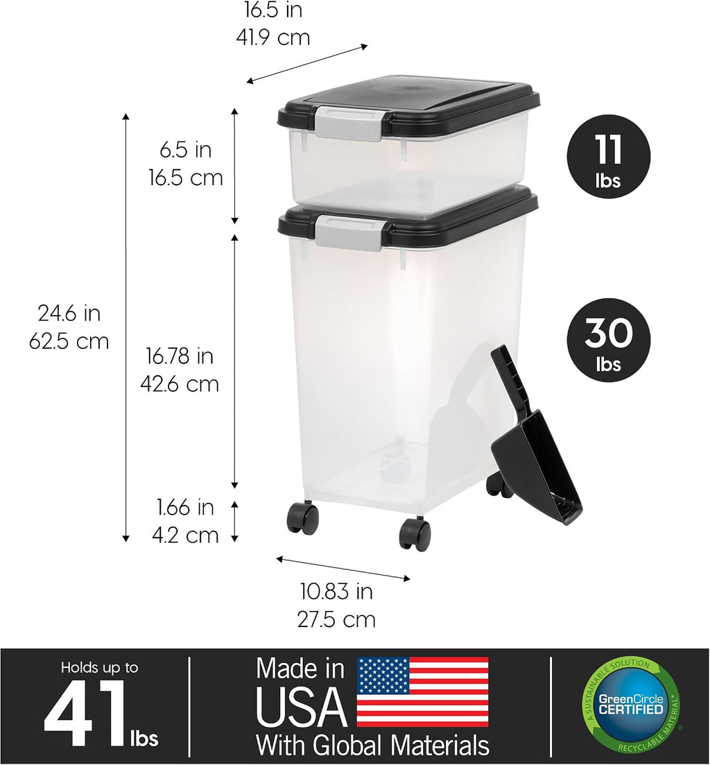 Stackable pet food storage containers with snap-lock latches