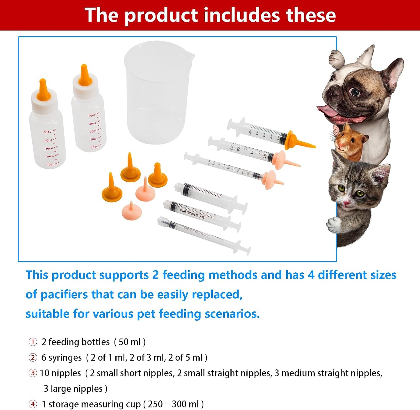 Pet Feeding Bottle and Syringe Set for Puppies and Kittens(2 Bottles,6 Syringes,10 Nipples,1 Storage Measuring Cup) - Image 5