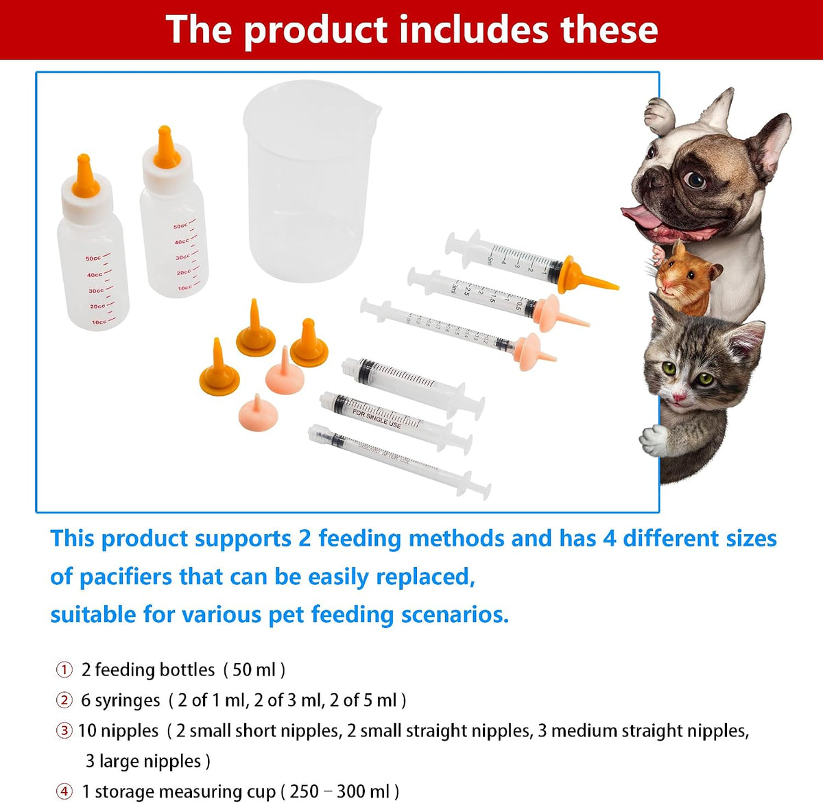 Pet Feeding Bottle and Syringe Set for Puppies and Kittens(2 Bottles,6 Syringes,10 Nipples,1 Storage Measuring Cup) - Image 5