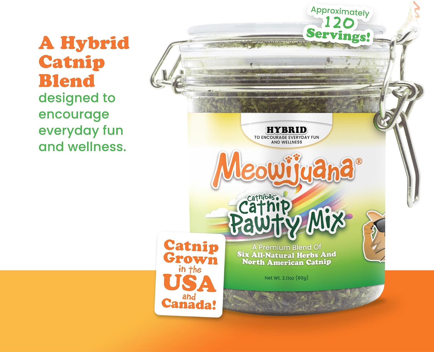 Meowijuana seven herb blend showing ingredients including silvervine and valerian root