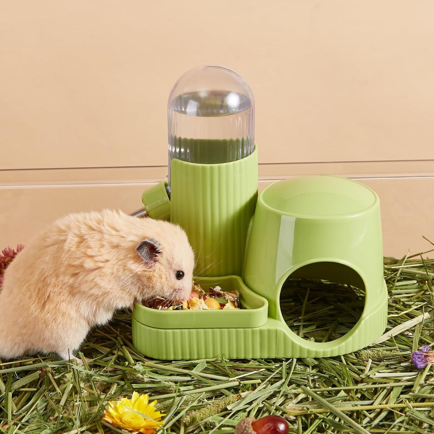 3 in 1 Hamster Water Bottle No Drip Automatic Leakproof Dispenser with Food Container and Hideout Base for Gerbil Rat Dwarf Hamster Mouse (Green, 3.4oz) - Image 4