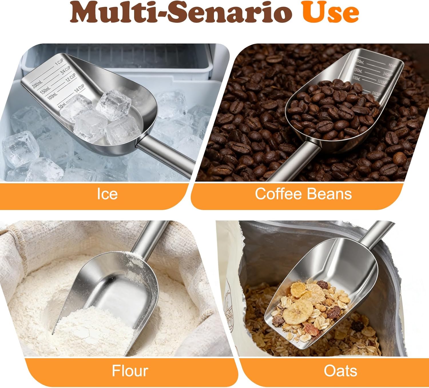 Mity Rain metal scoop next to pet food bowl