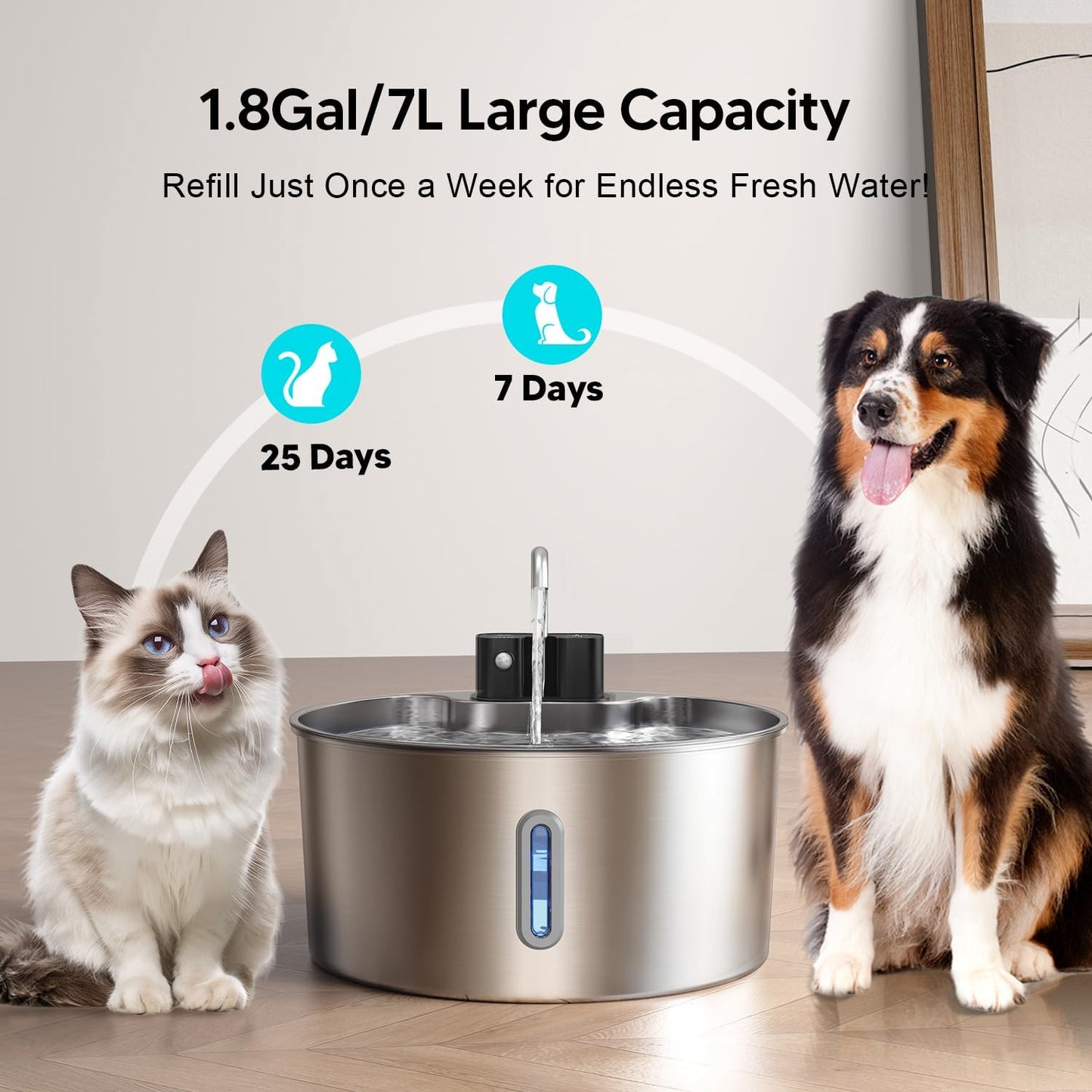 Side profile of Voluas cordless dog water fountain