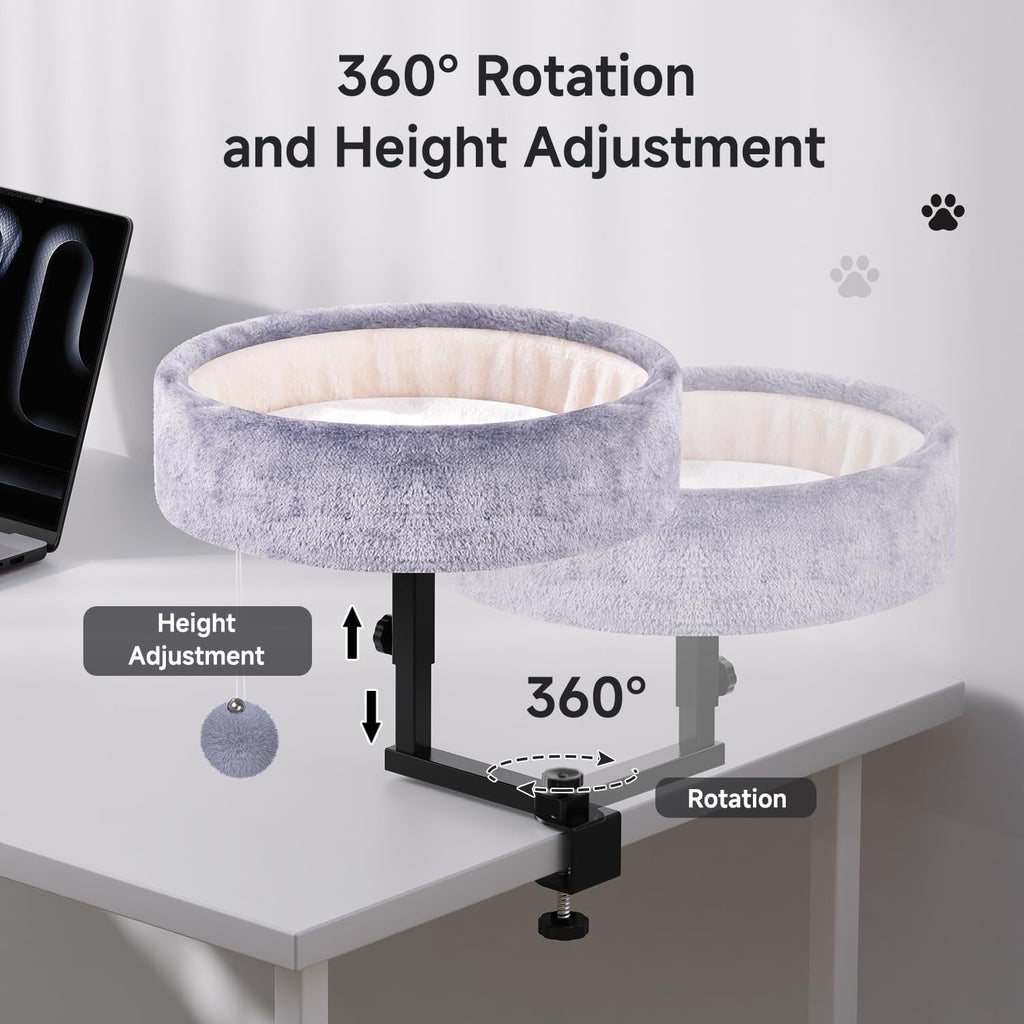 High angle shot of rotating cat desk bed on wooden table