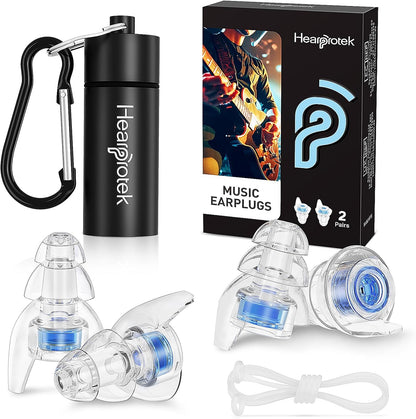Hearprotek high fidelity concert ear plugs front view showing dual pairs in packaging.
