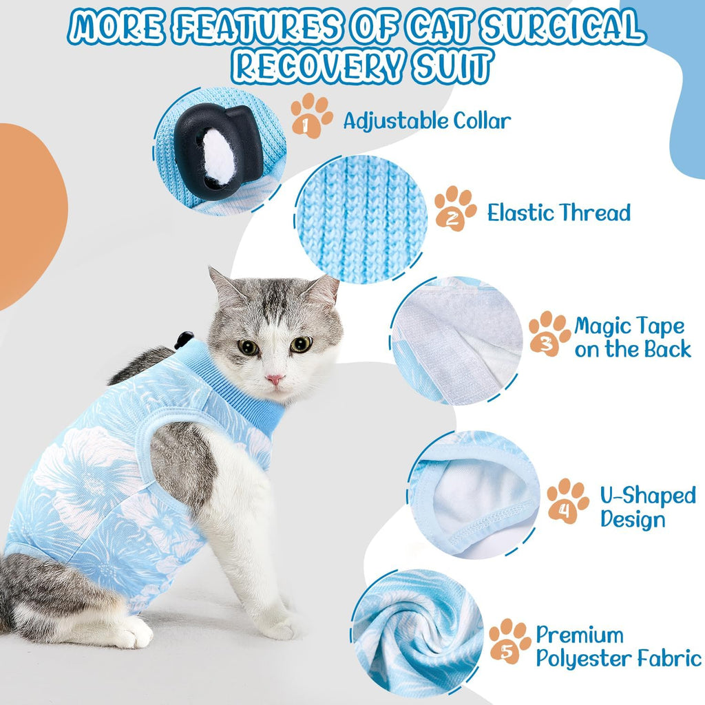 Cat wearing SlowTon recovery suit after spay surgery