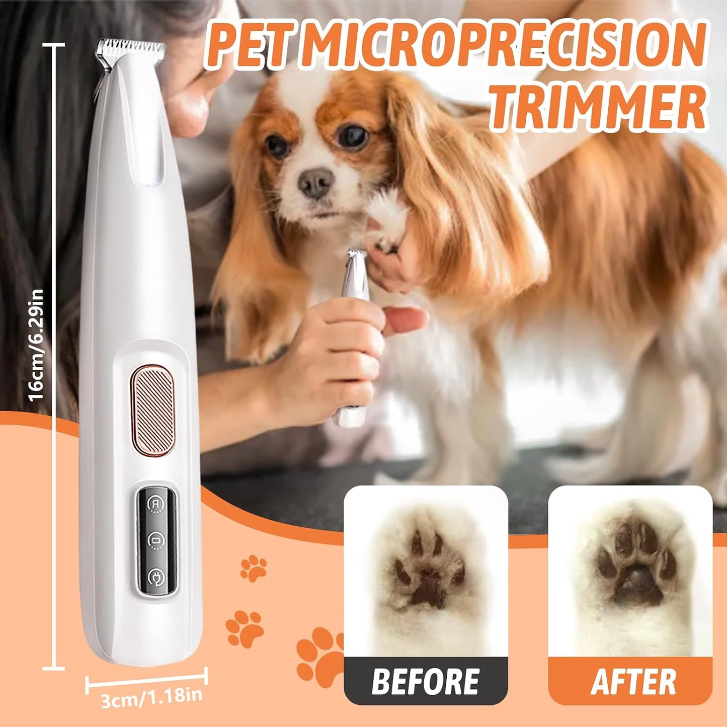 Side profile of the low noise rechargeable cat and dog shaver highlighting the power button.