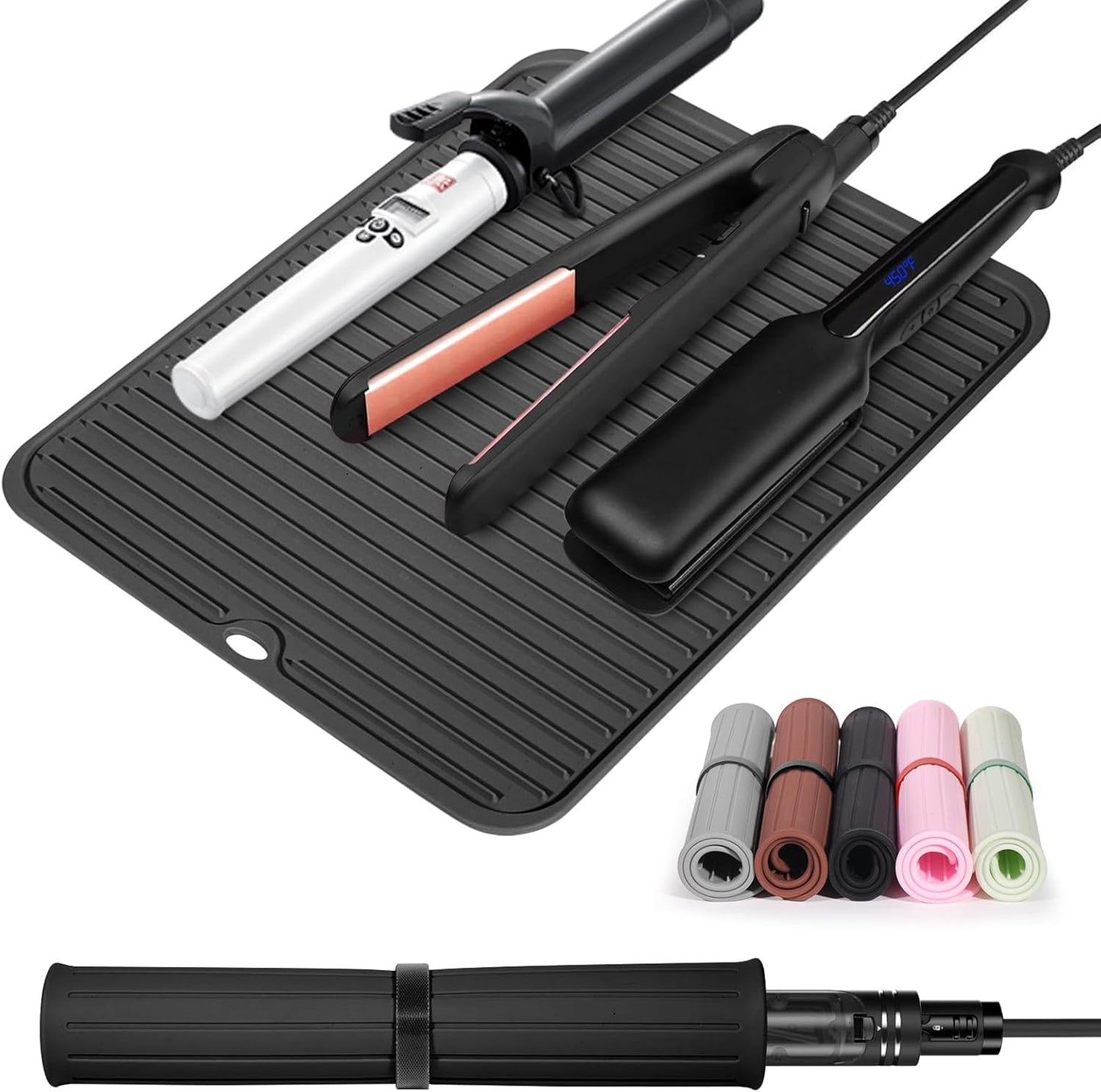 Quccefods large heat resistant silicone mat for hair tools front view