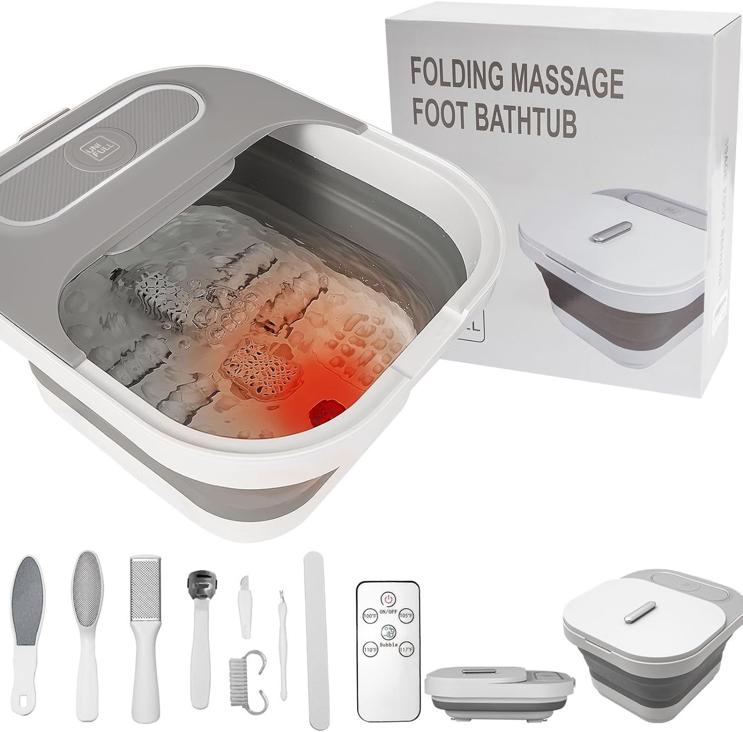 Unifull collapsible foot spa bath front view with massage rollers