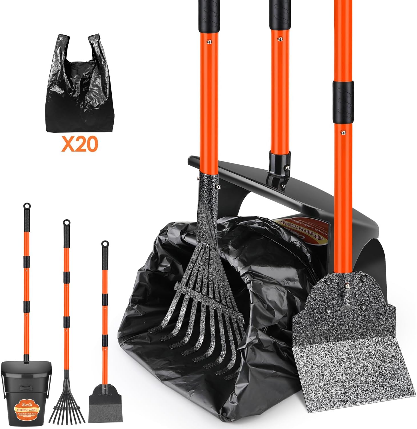 Packaging contents of the Lukovee blue pet waste kit including twenty poop bags and extra hooks.