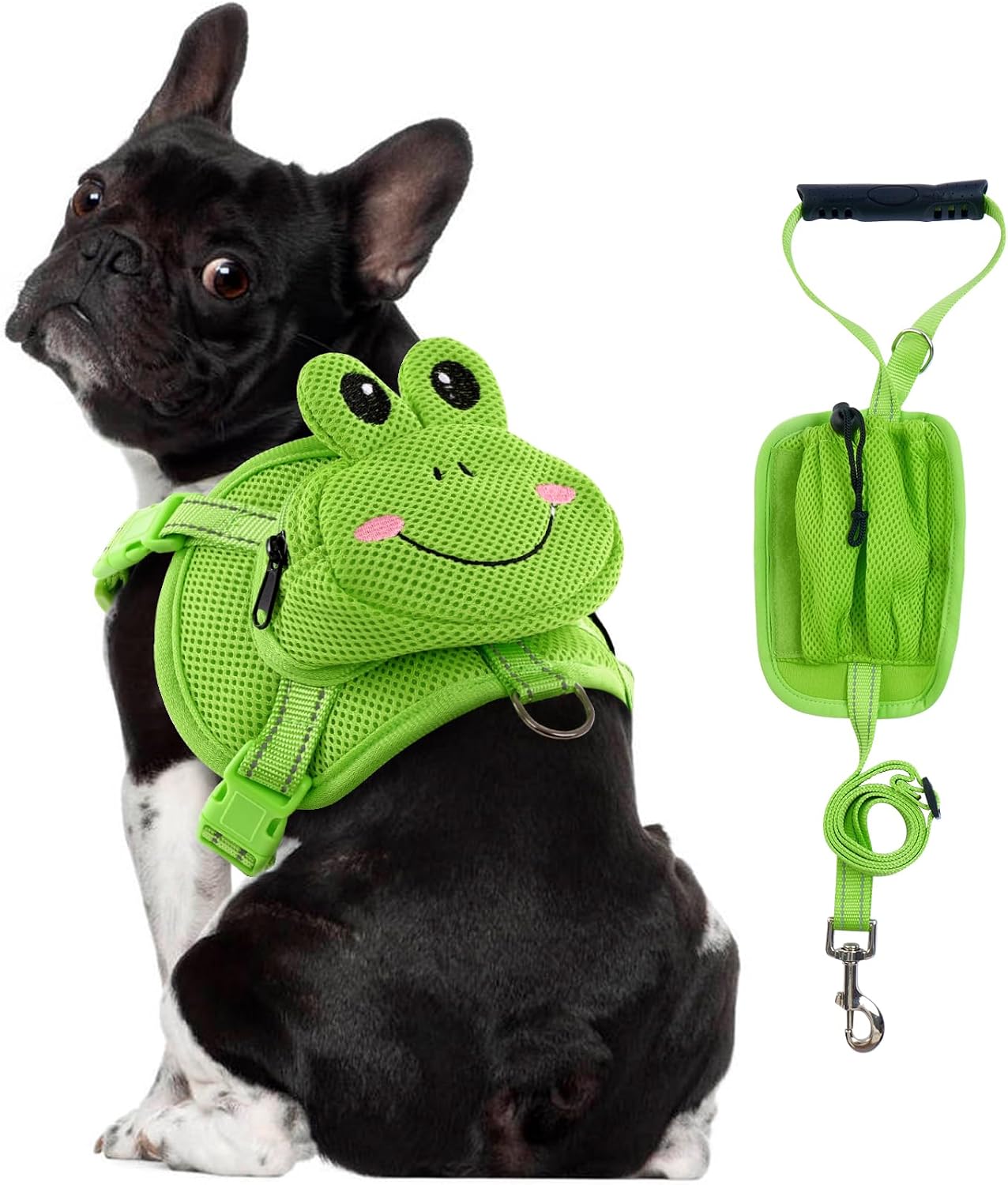 OUOBOB dog harness backpack front view showing the green frog mesh design