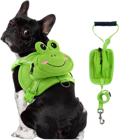 OUOBOB dog harness backpack front view showing the green frog mesh design