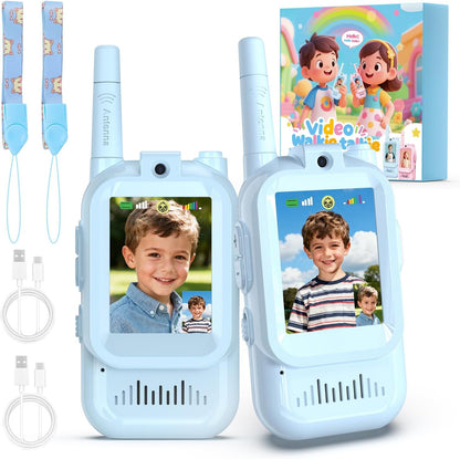 FISHOAKY video walkie talkies for kids front view showing two blue handsets with color screens
