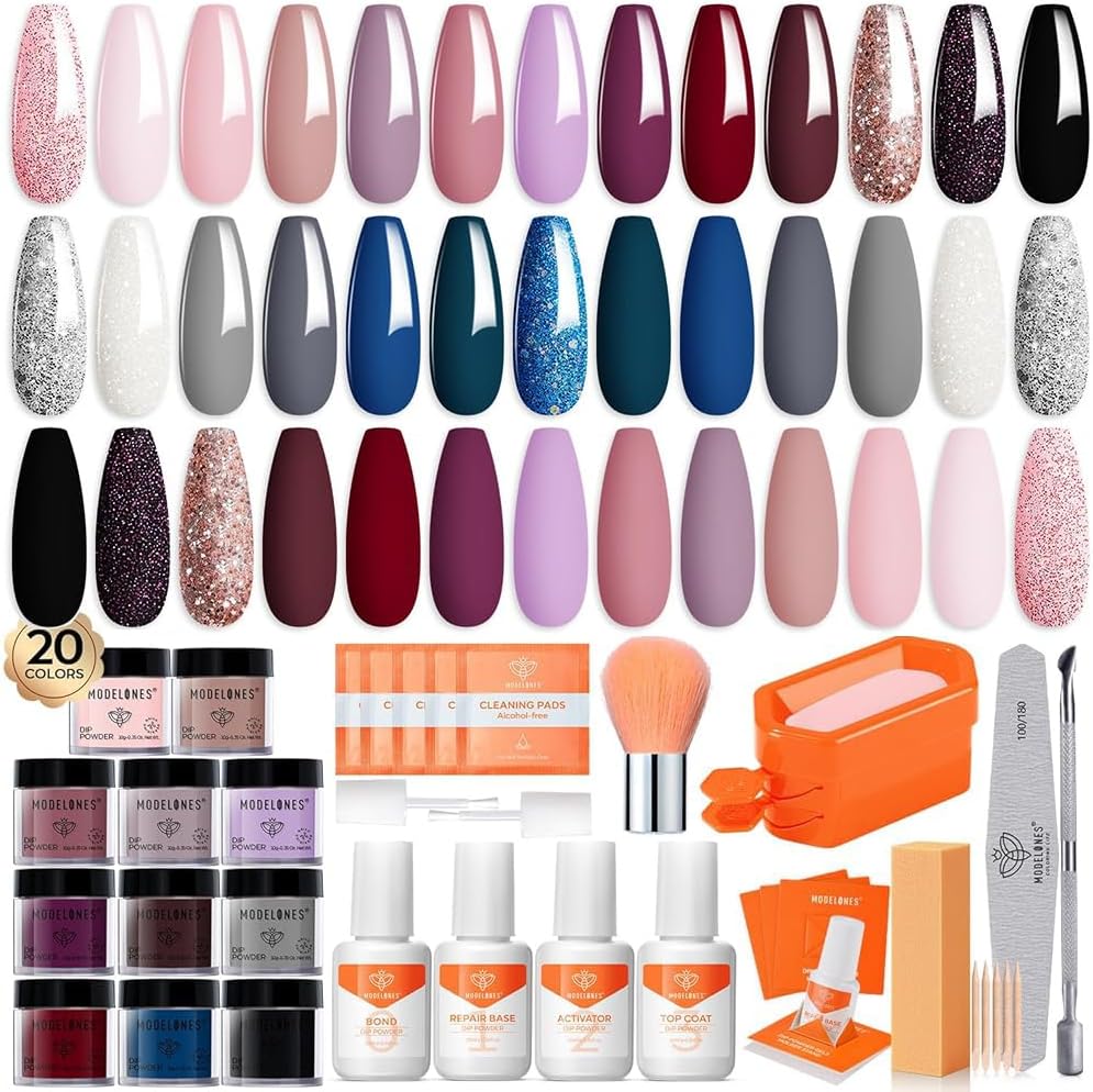 Modelones Dip Powder Nail Kit with 20 diverse color jars and four essential liquid glazes