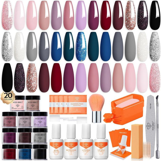Modelones Dip Powder Nail Kit with 20 diverse color jars and four essential liquid glazes