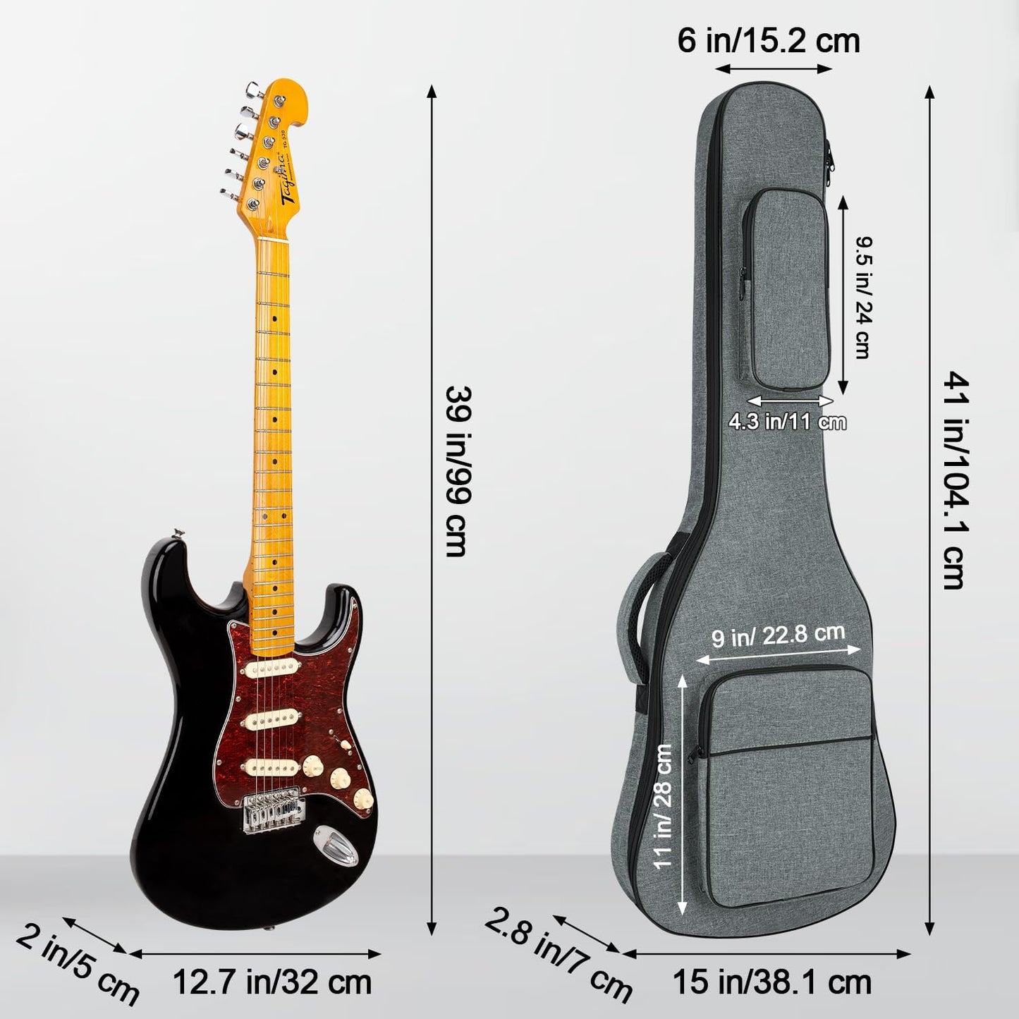 MUZNOTE padded guitar case back view highlighting adjustable double shoulder straps.