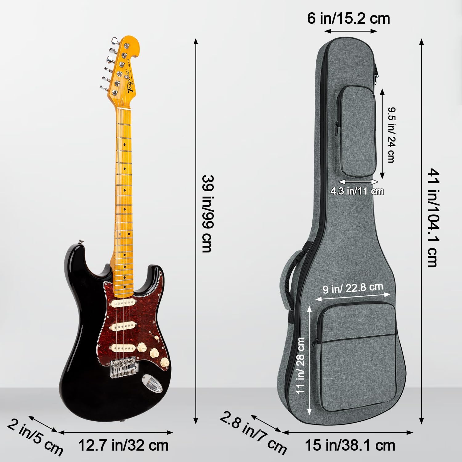 MUZNOTE padded guitar case back view highlighting adjustable double shoulder straps.