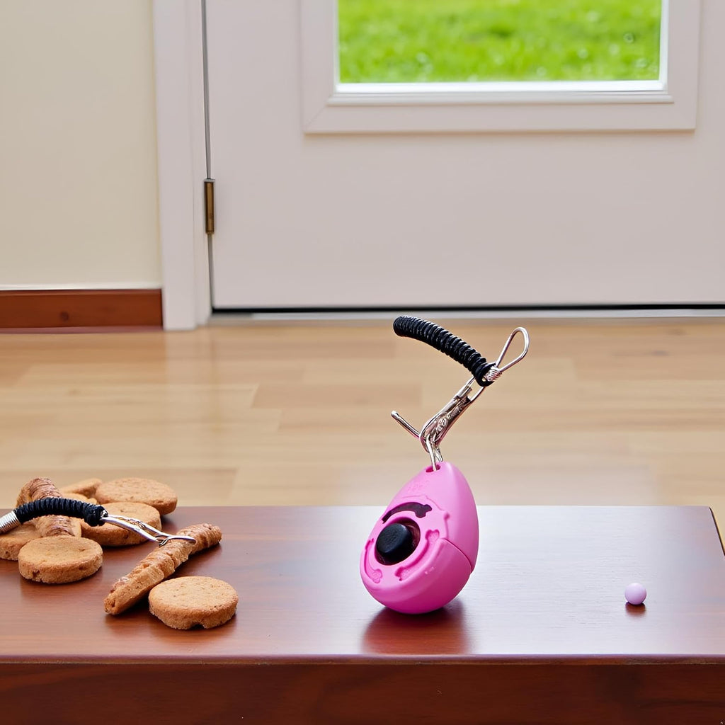 Portable pet behavior aid clicker with durable metal attachment clasp
