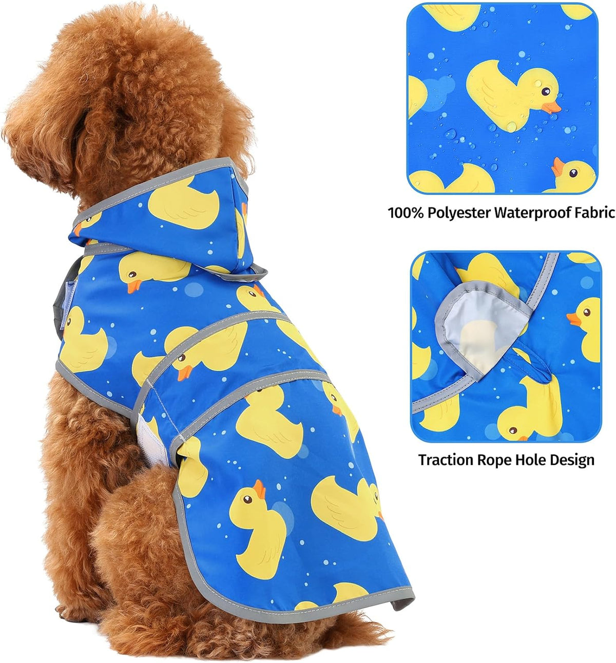 Water resistant dog slicker with leash hole close up details