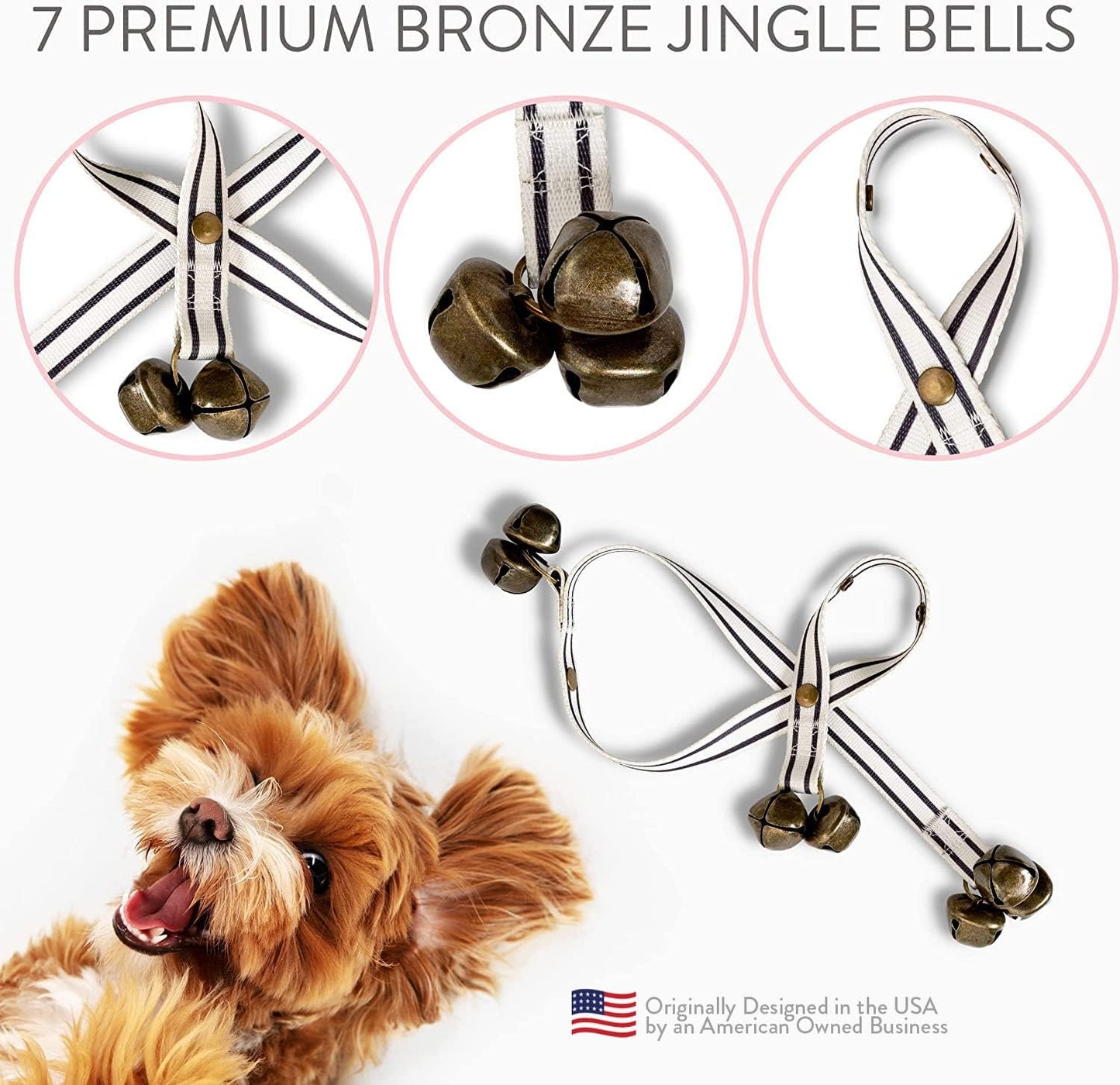 Close up of antique jingle bells on Zoomie Paws training strap