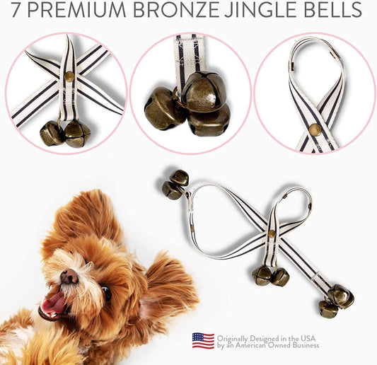 Close up of antique jingle bells on Zoomie Paws training strap