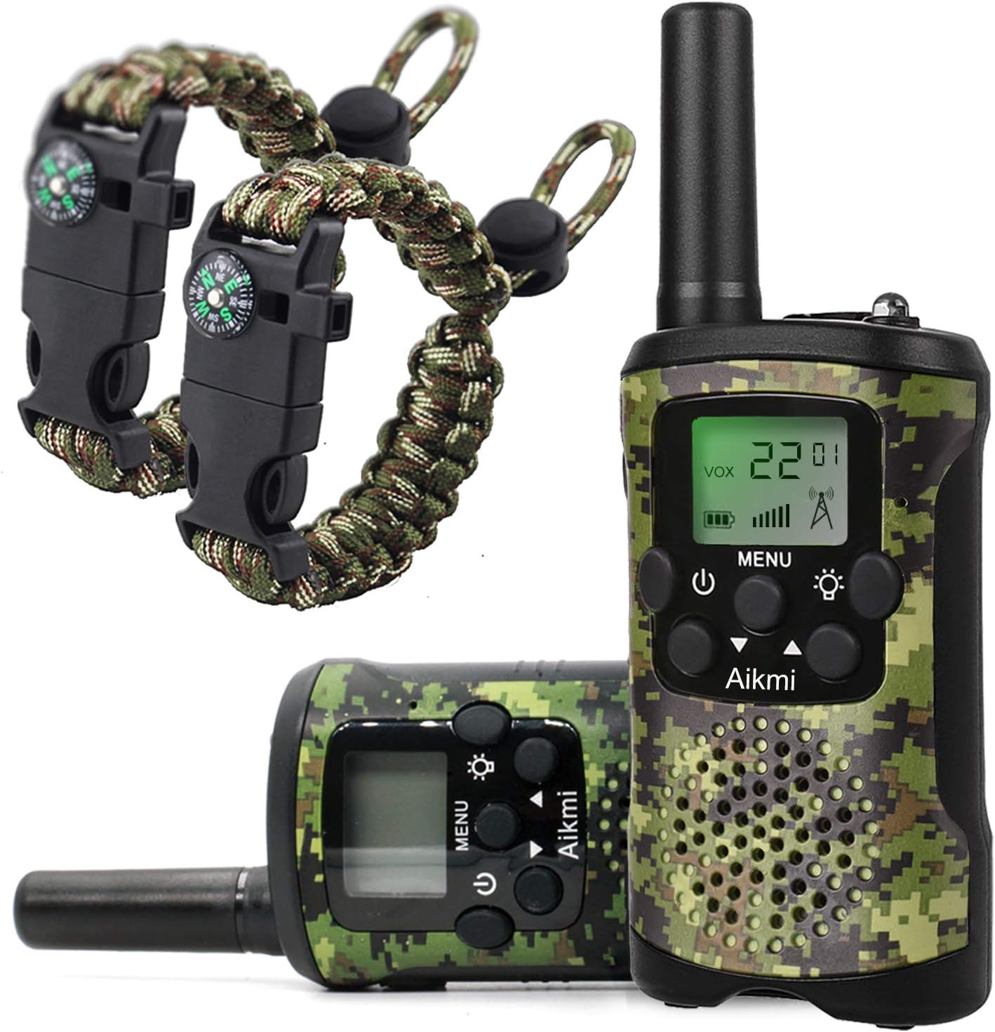 Aikmi kids walkie talkies front view showing green camouflage pattern and LCD screen layout
