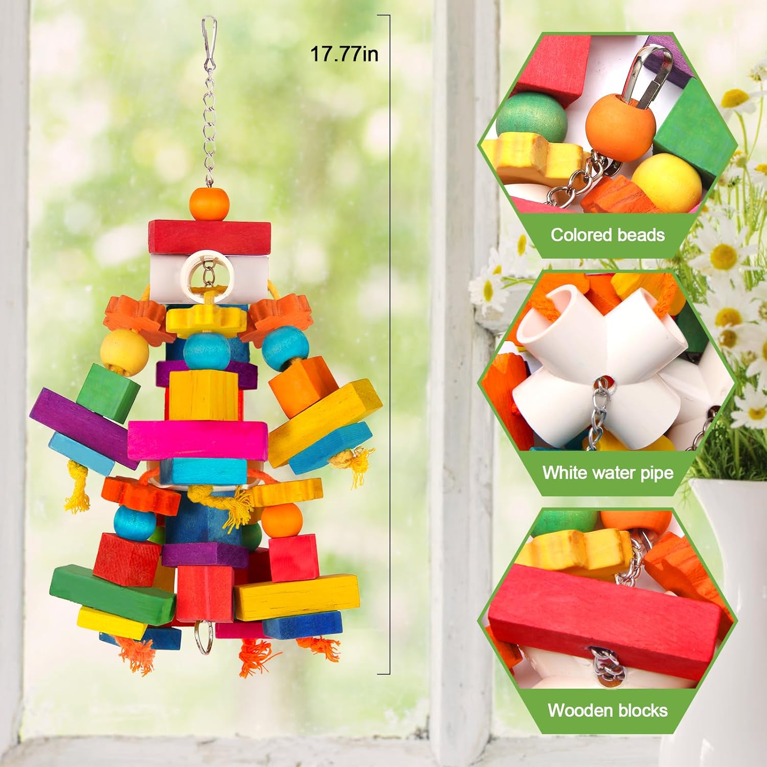 Kyouki bird chew toy featuring natural pine wood blocks and colorful beads for macaws.