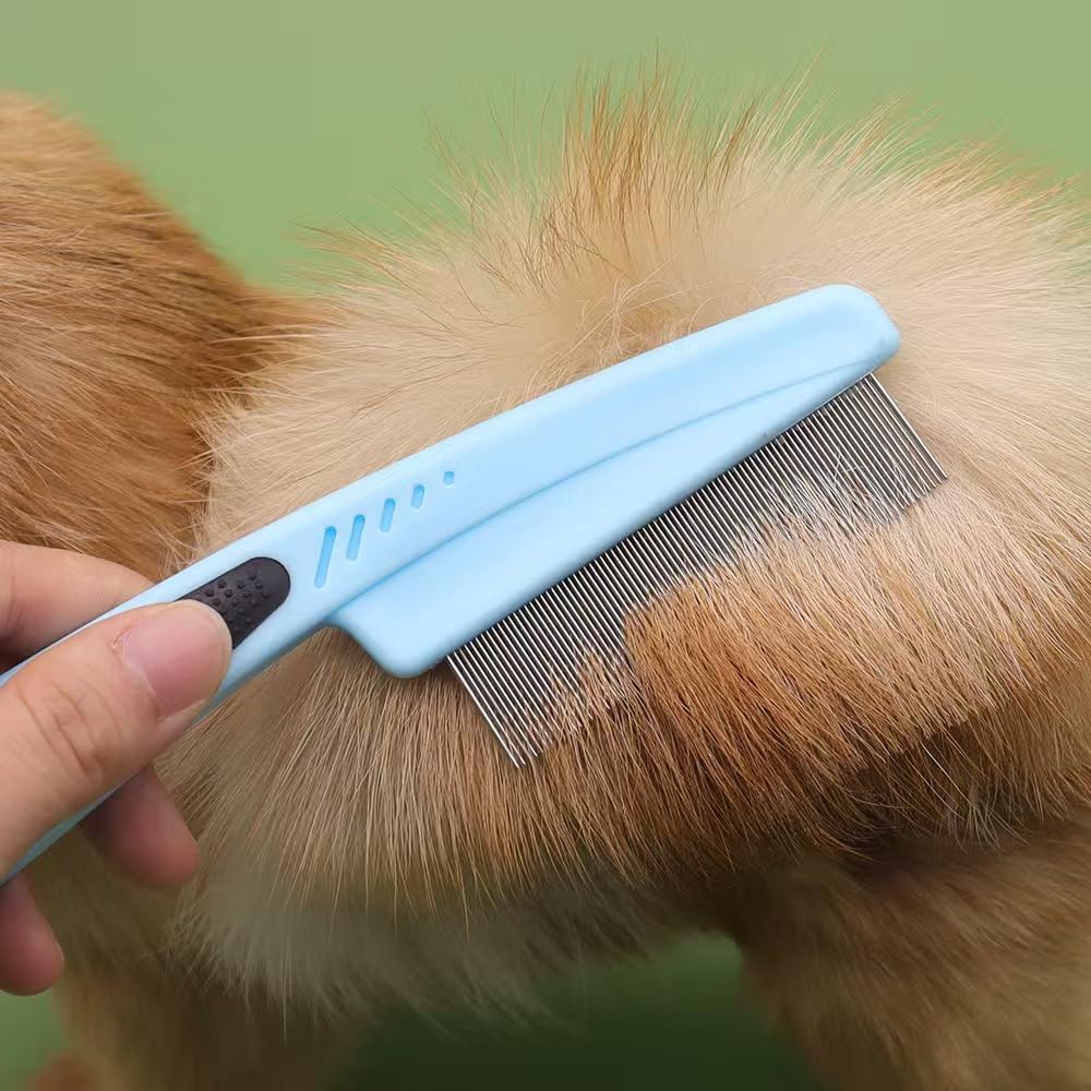 Ergonomic anti slip rubber grip handle pet comb for dandruff and hair flakes