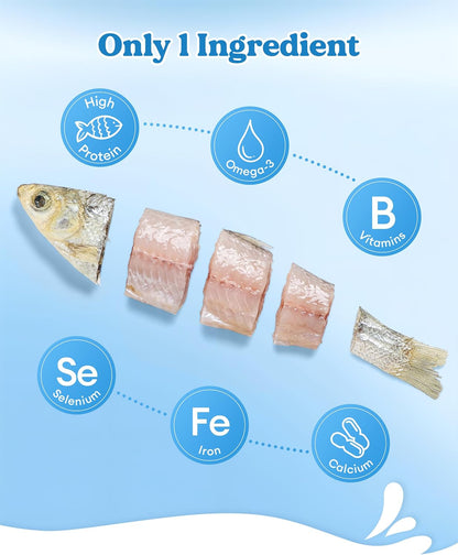 Close-up of a high protein freeze-dried minnow showing the crunchy texture ideal for dog skin and coat health.