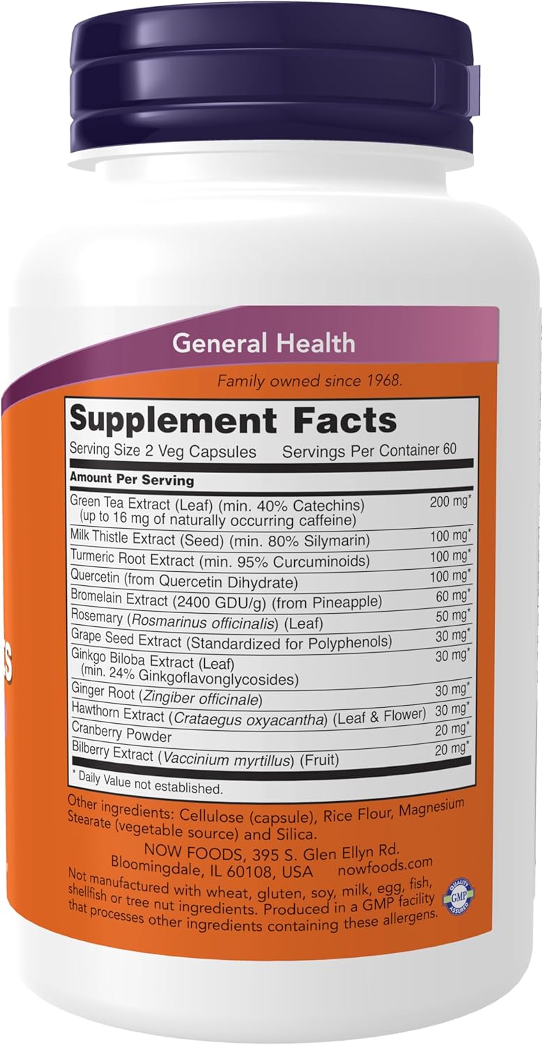 NOW Foods Super Antioxidants supplement bottle showing herbal extract phytoflavonoid ingredients