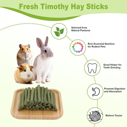 Natural compressed grass molar teeth stick toys displayed for rabbits and rodents.