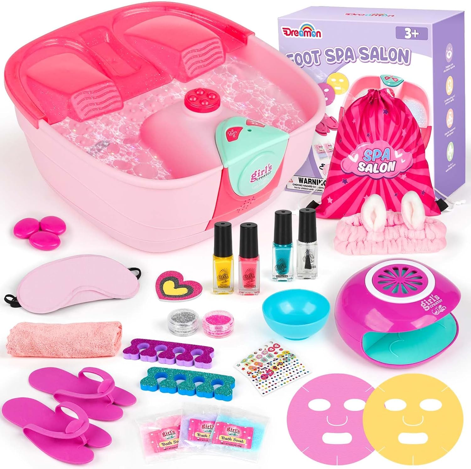 Dreamon Kids Foot Spa and Nail Kit front view with salon accessories