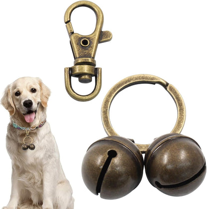 Waziaqoc antique bronze pet collar tracking bells front view showing dual copper bells and clips.