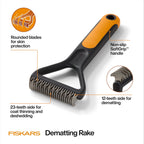 Close up of Fiskars pet grooming tool curved teeth design