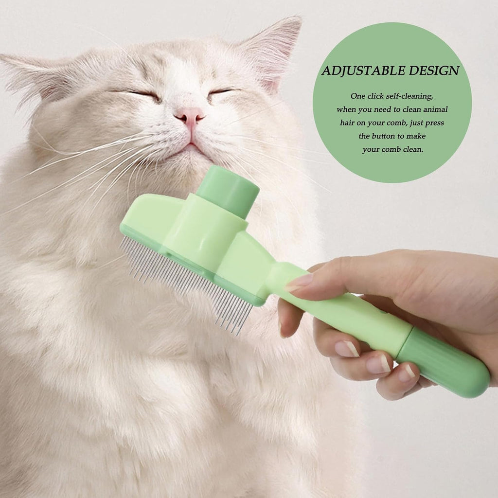 Three piece pet grooming kit including knot brush flea comb and row comb laid out.