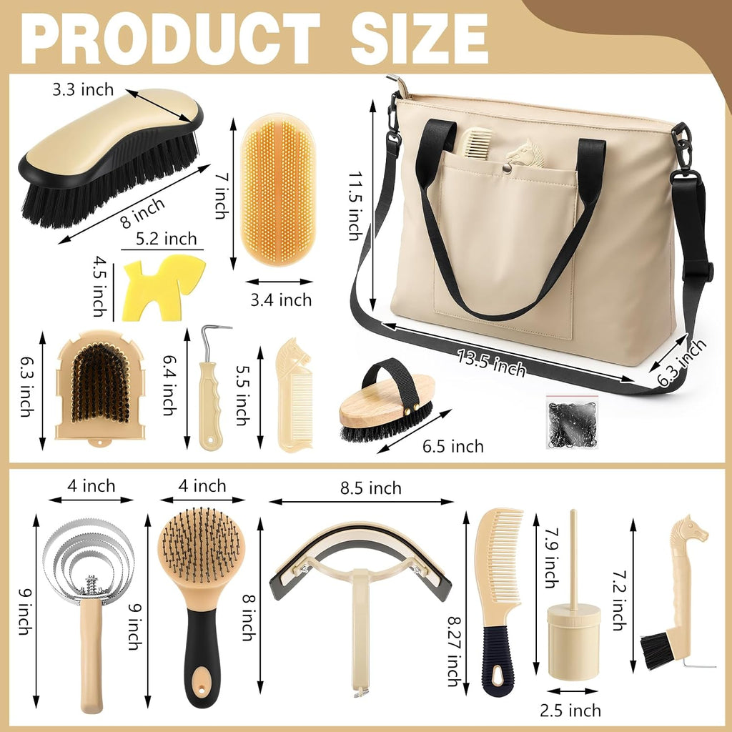 Complete Abbylike equine grooming set with brushes combs and scrapers arranged neatly outside the canvas bag.