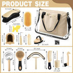 Complete Abbylike equine grooming set with brushes combs and scrapers arranged neatly outside the canvas bag.