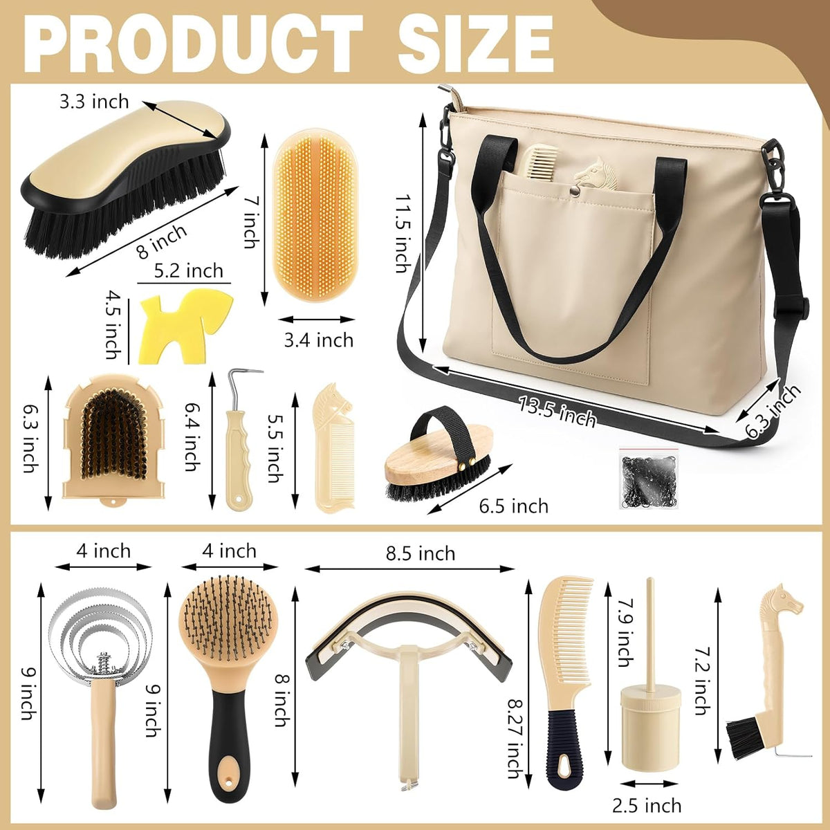 Complete Abbylike equine grooming set with brushes combs and scrapers arranged neatly outside the canvas bag.