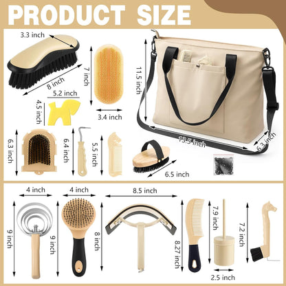 Complete Abbylike equine grooming set with brushes combs and scrapers arranged neatly outside the canvas bag.