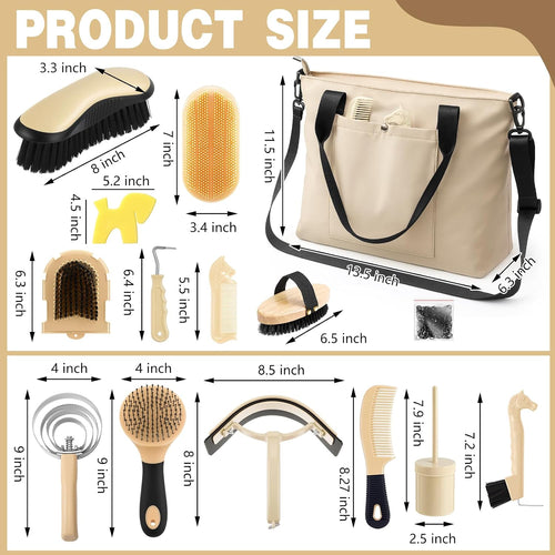 Complete Abbylike equine grooming set with brushes combs and scrapers arranged neatly outside the canvas bag.