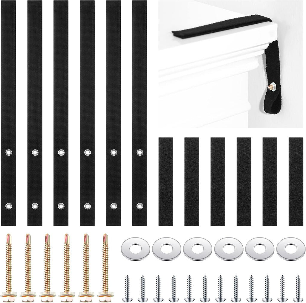 Oudain anti tip furniture straps front view showcasing the heavy duty black nylon safety kit
